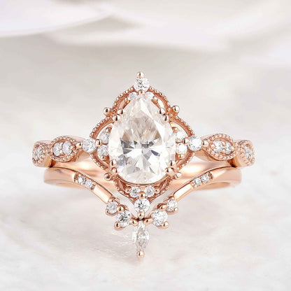 Vintage Pear Cut Moissanite Engagement Ring Set Chevron Stack Wedding Band