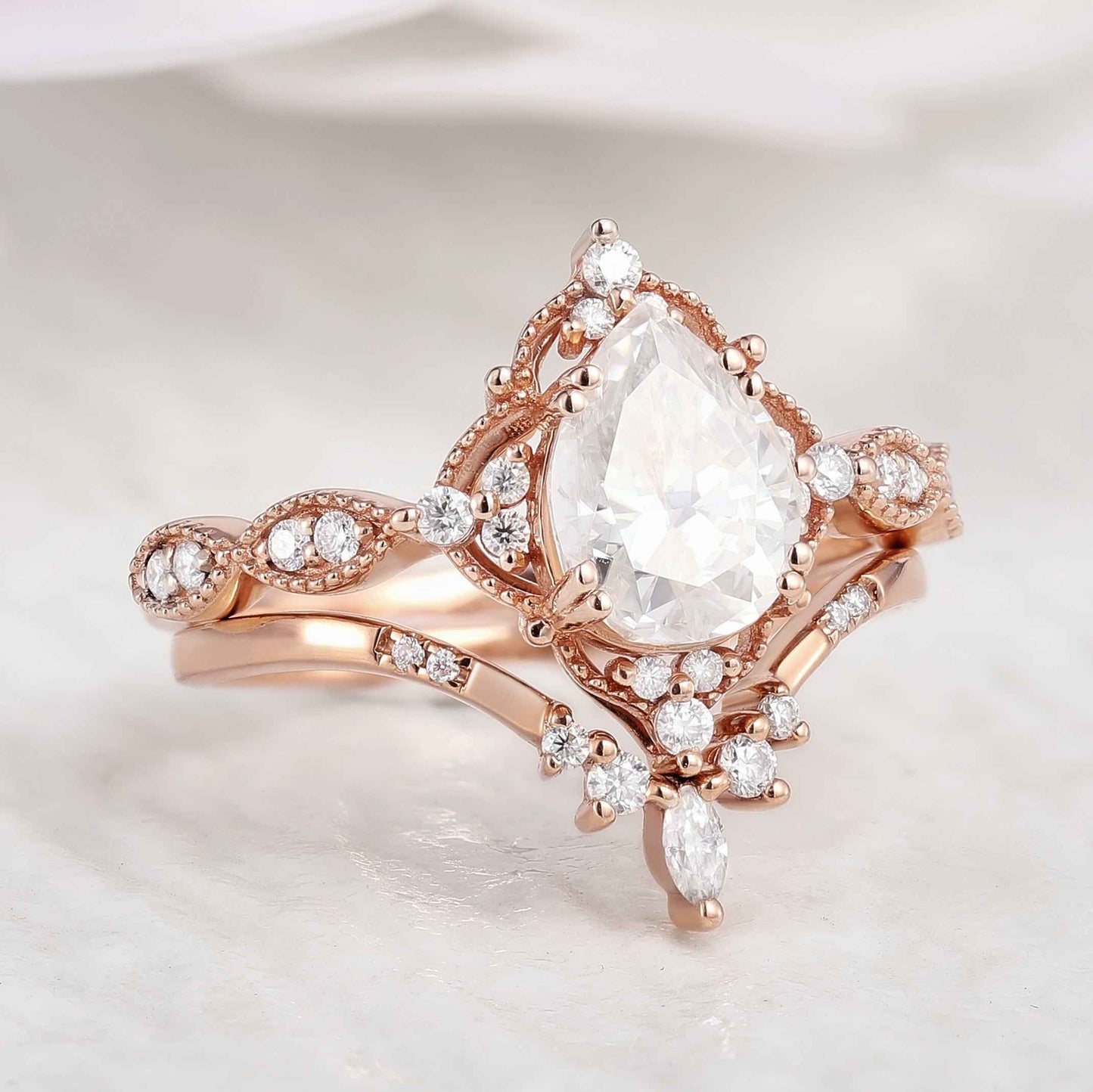 Vintage Pear Cut Moissanite Engagement Ring Set Chevron Stack Wedding Band