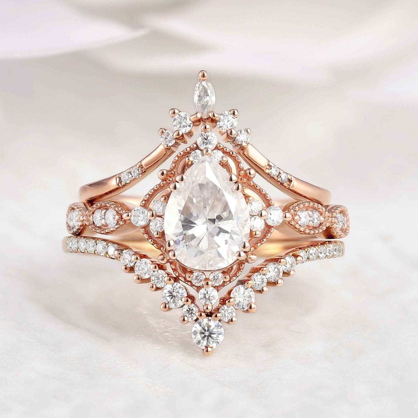 Signature Vintage Pear Cut Moissanite Engagement Ring Set 3pcs Bridal Set