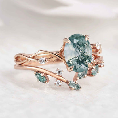 Nature Inspired Moss Agate Engagement Ring Set Vine Wedding Band 2pcs