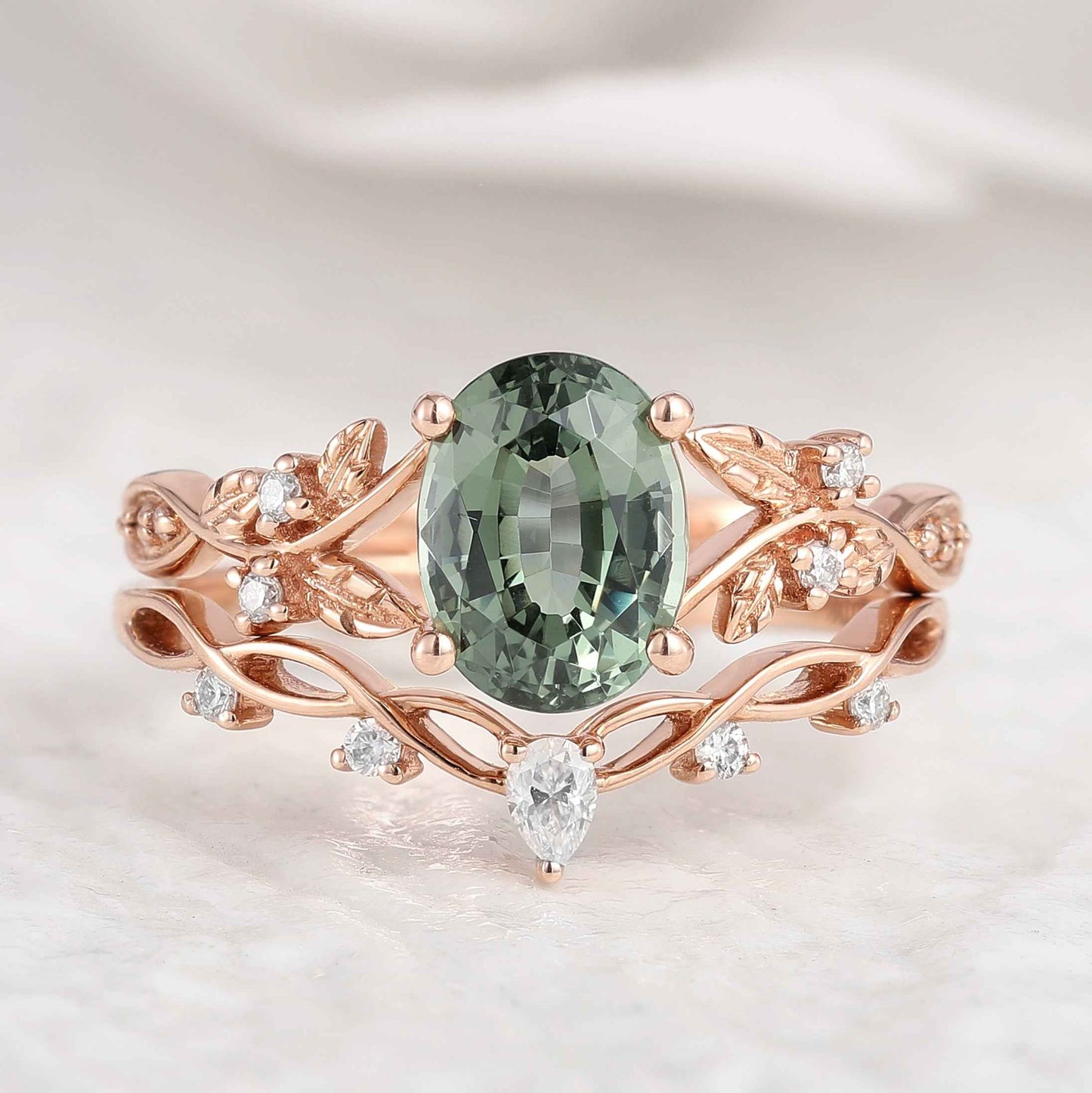 Nature Inspired Oval Cut Green Sapphire Engagement Ring Set 2pcs