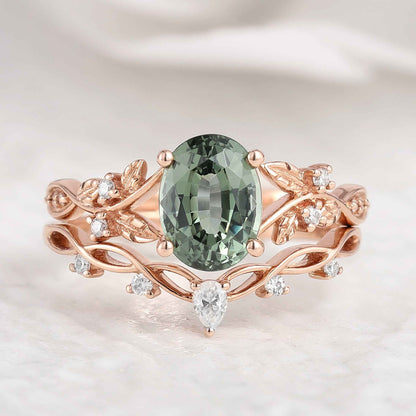 Nature Inspired Oval Cut Green Sapphire Engagement Ring Set 2pcs