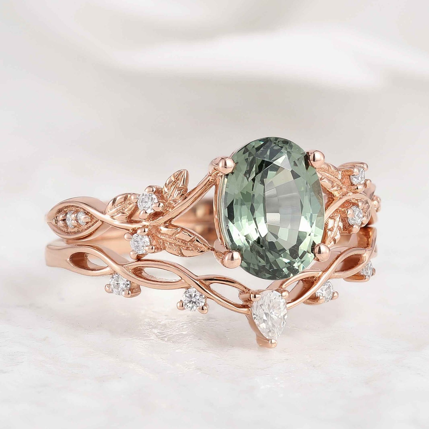 Nature Inspired Oval Cut Green Sapphire Engagement Ring Set 2pcs