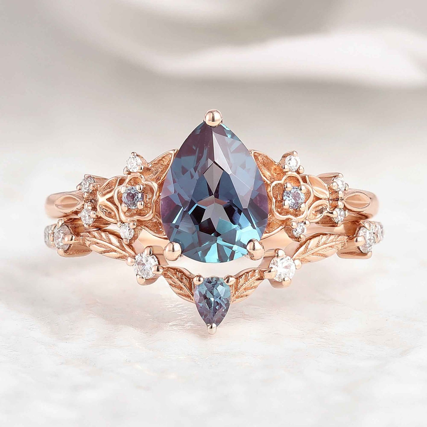 Unique Flora Alexandrite Bridal Set Chevron Wedding Ring 2pcs