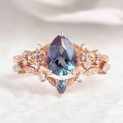 Unique Flora Alexandrite Bridal Set Chevron Wedding Ring 2pcs