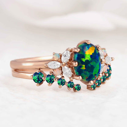 Nautre Inspired Black Opal Stacking Engagement Ring Set 2pcs