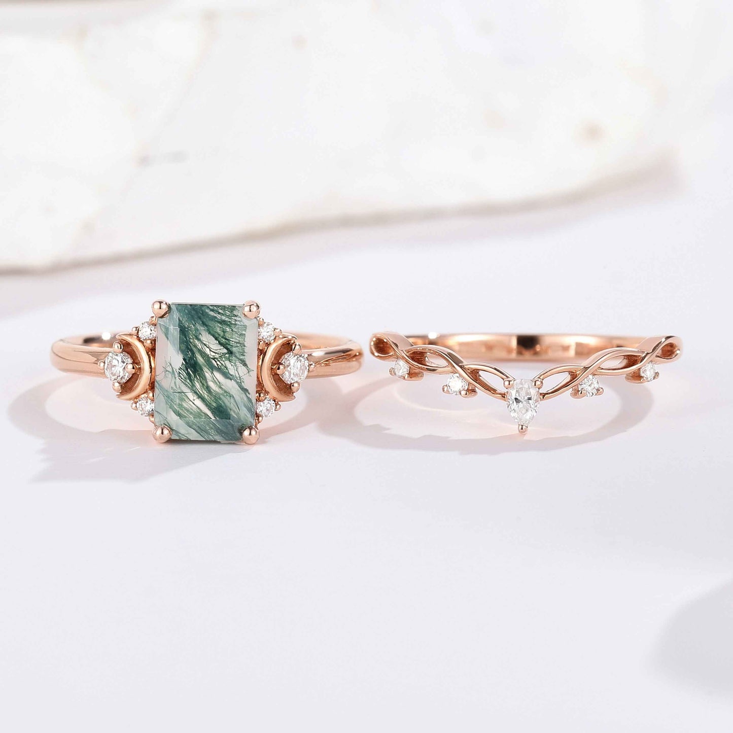 Nature Inspired Emerald Cut Moss Agate Engagement Ring Set With Moon Shaped