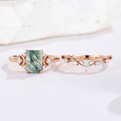 Nature Inspired Emerald Cut Moss Agate Engagement Ring Set With Moon Shaped