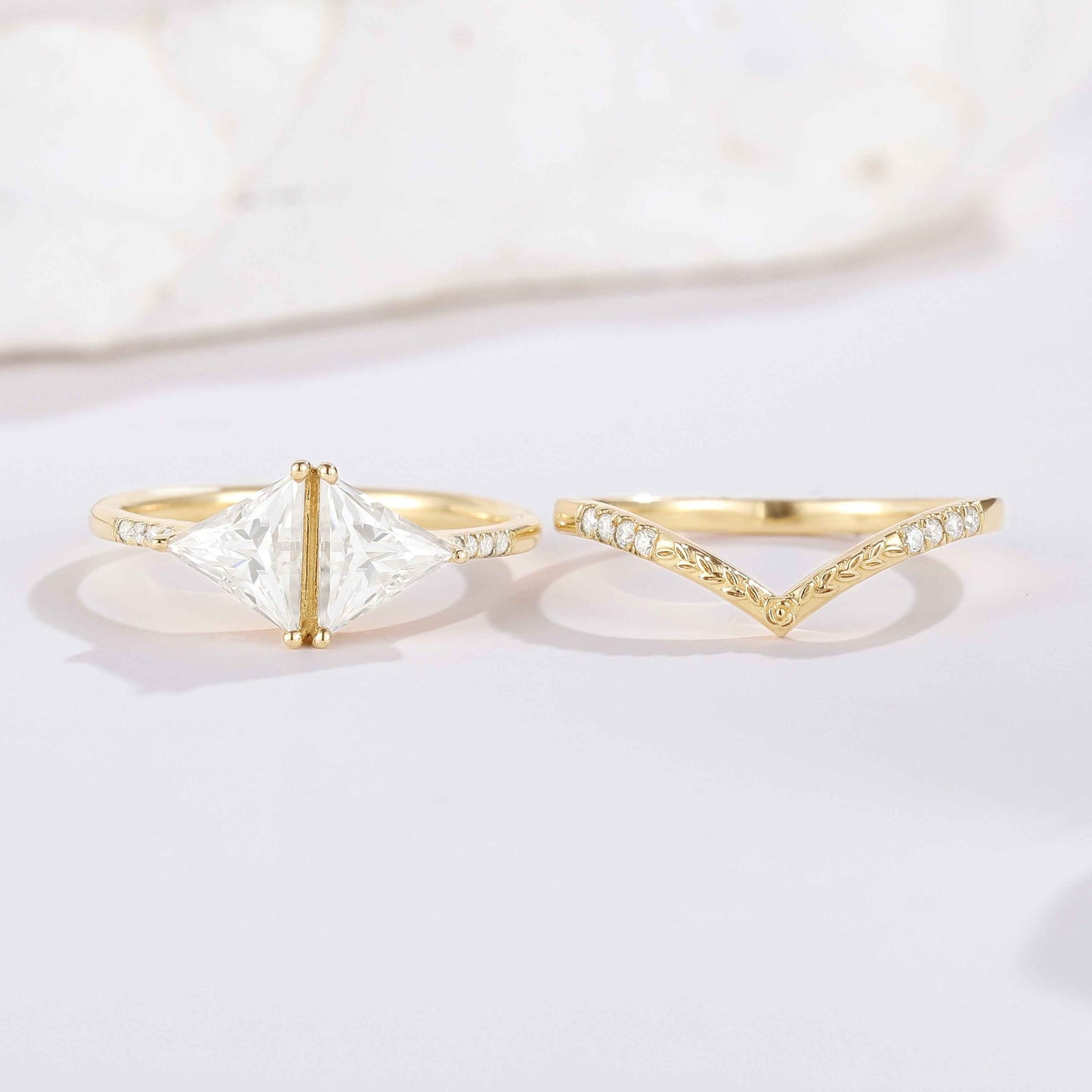 Unique Design Triangle Moissanite Bridal Set Chervon Yellow Gold Wedding Ring
