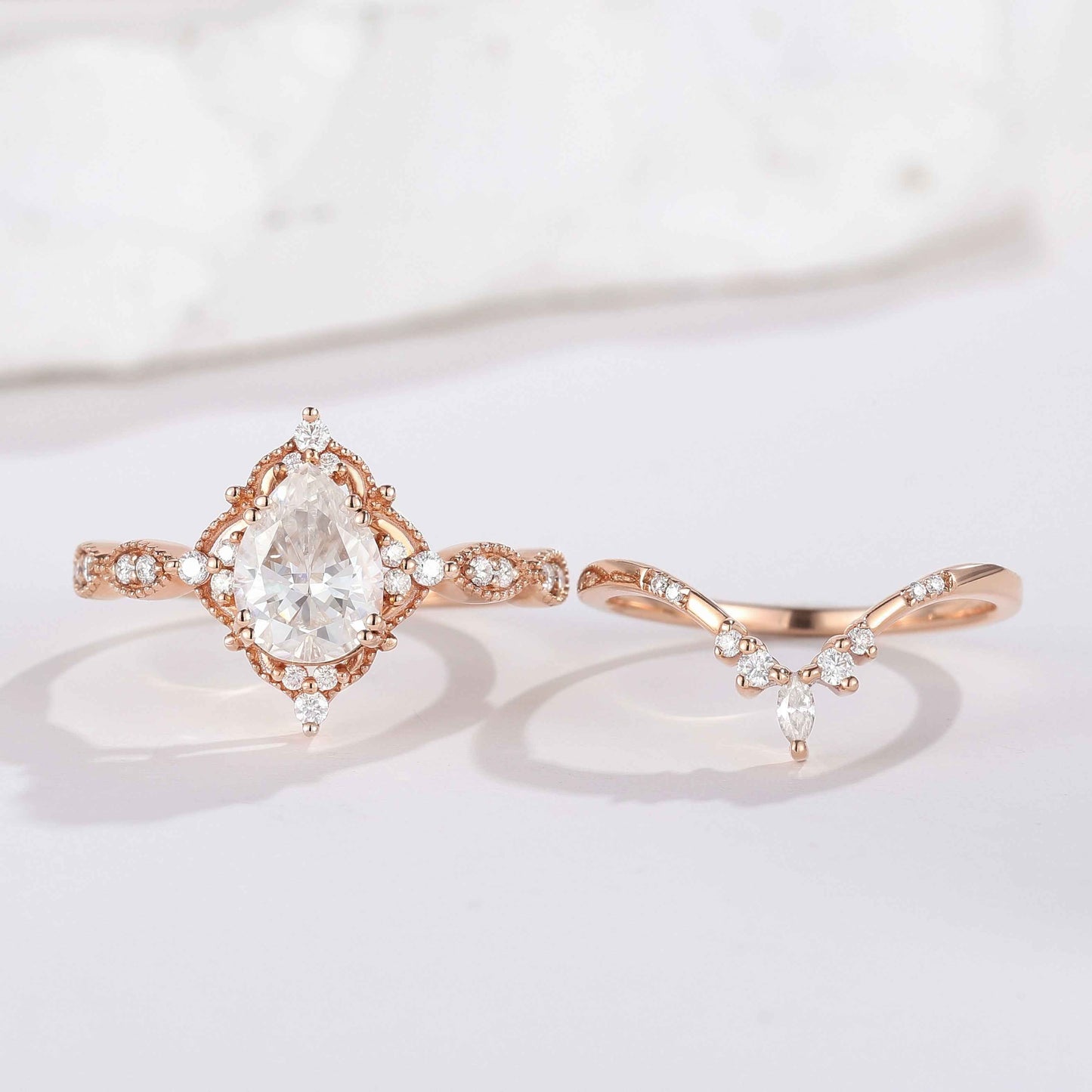 Vintage Pear Cut Moissanite Engagement Ring Set Chevron Stack Wedding Band
