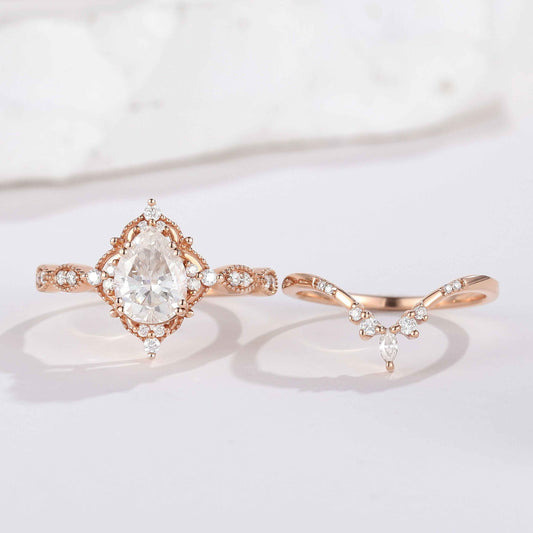 Vintage Pear Cut Moissanite Engagement Ring Set Chevron Stack Wedding Band