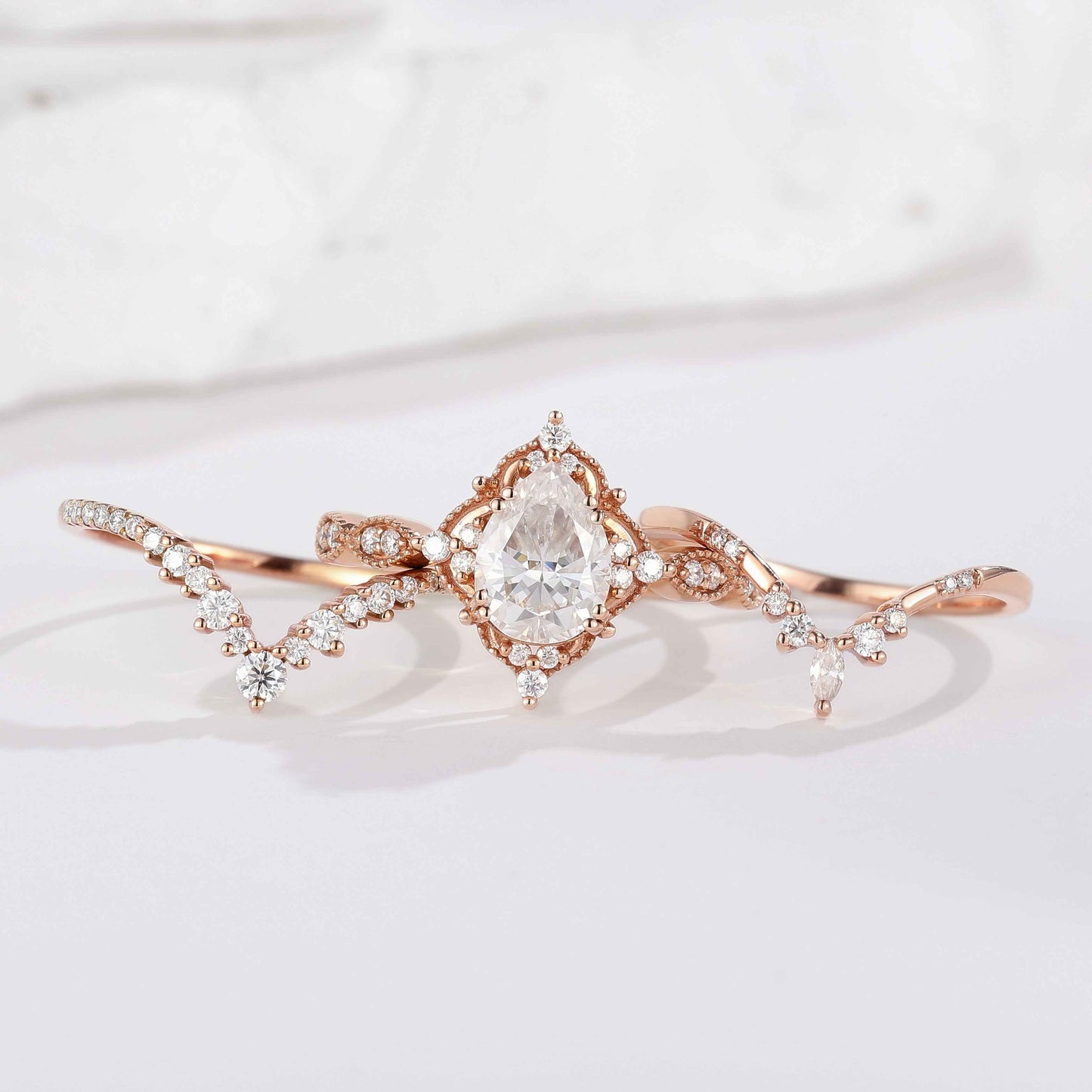 Vintage Pear Cut Moissanite Bridal Set Chevron Stack Wedding Rings 3Pcs