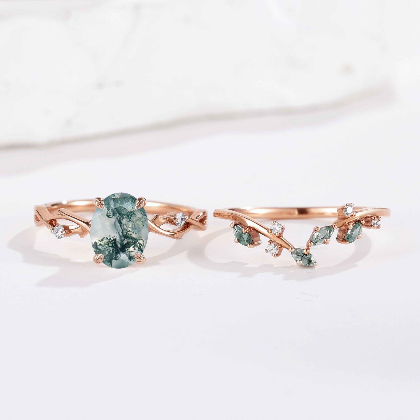 Nature Inspired Moss Agate Engagement Ring Set Vine Wedding Band 2pcs