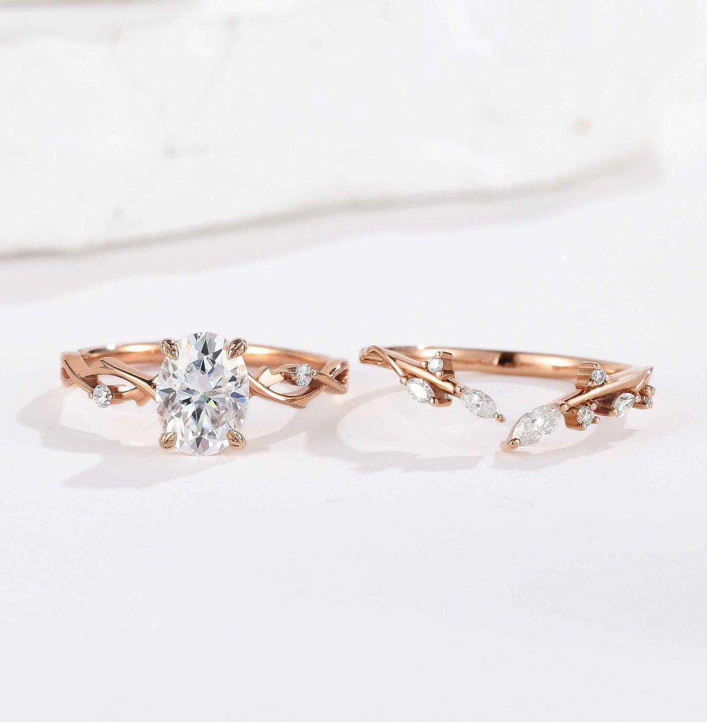Oval Cut Moissanite Engagement Ring Set Vine Wedding Band 2pcs
