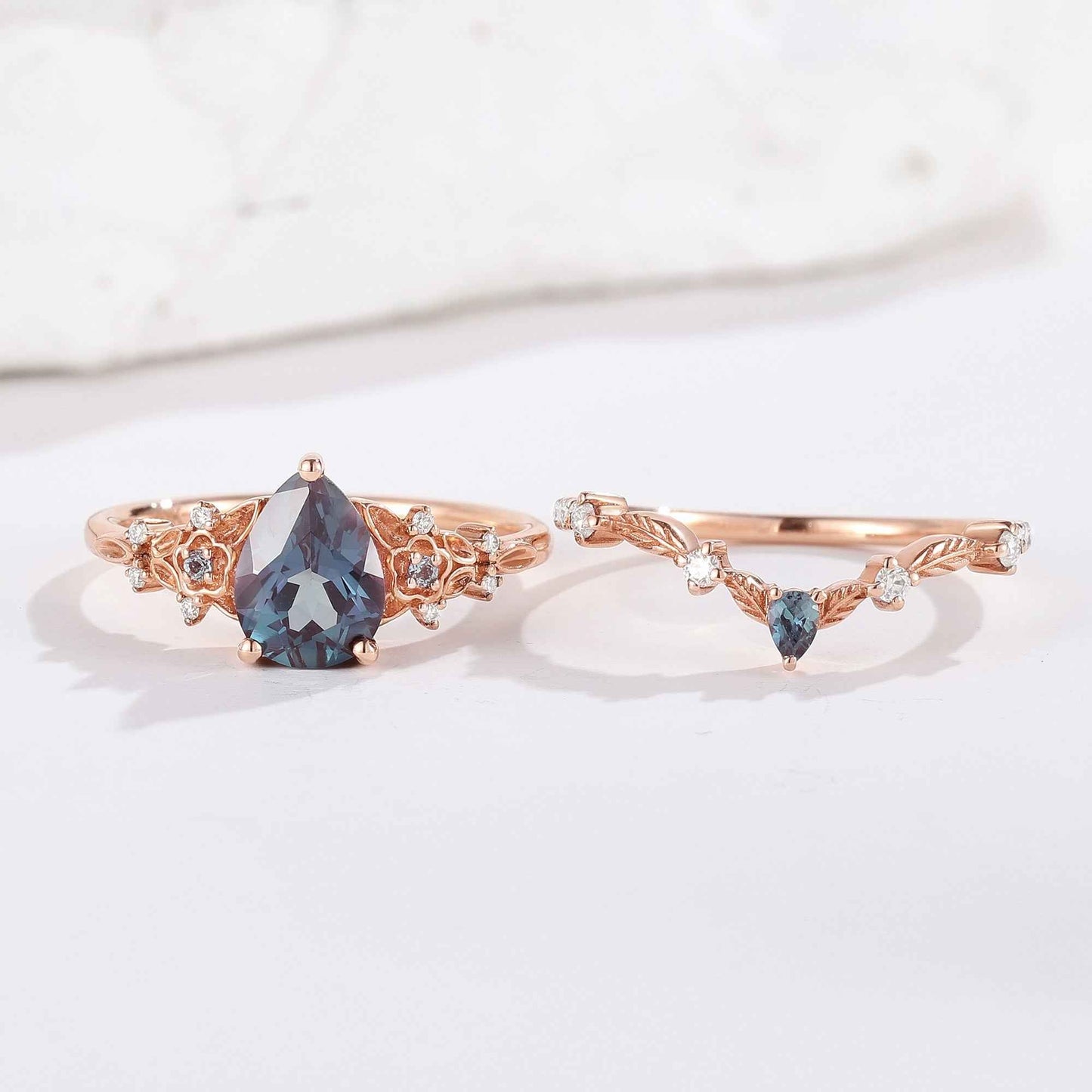 Unique Flora Alexandrite Bridal Set Chevron Wedding Ring 2pcs