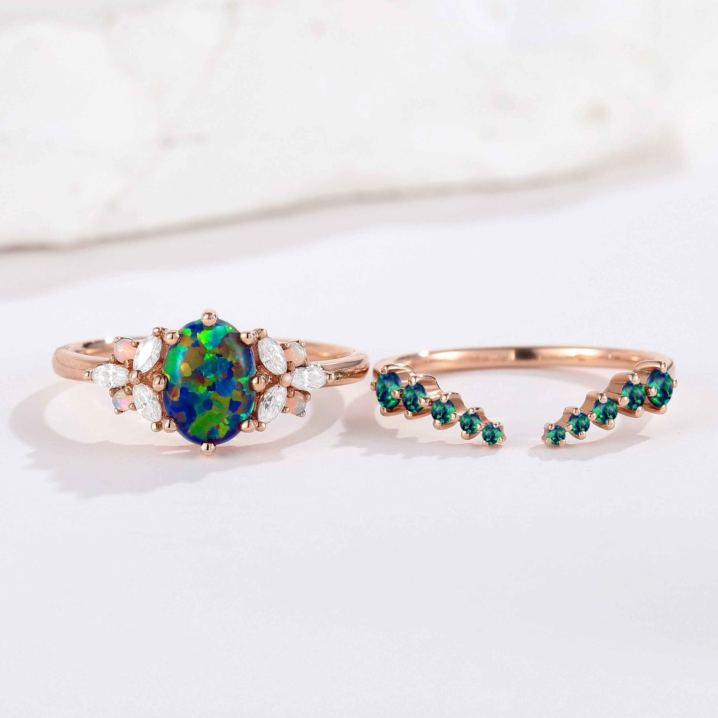 Nautre Inspired Black Opal Stacking Engagement Ring Set 2pcs