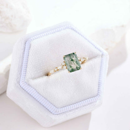 Signautre Vintage Emerald Cut Moss Agate Engagement Ring