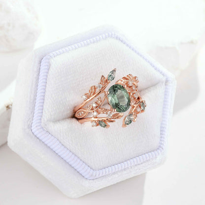 Green Sapphire Engagement Ring Moss Agate Enhancer Leaf Branch Double Wedding Band