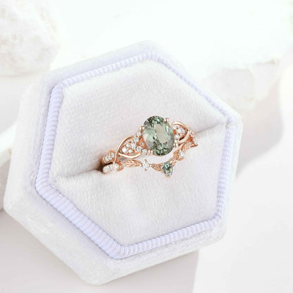 Unique Oval Cut Green Sapphire Engagement Ring Set Leafy Wedding Band