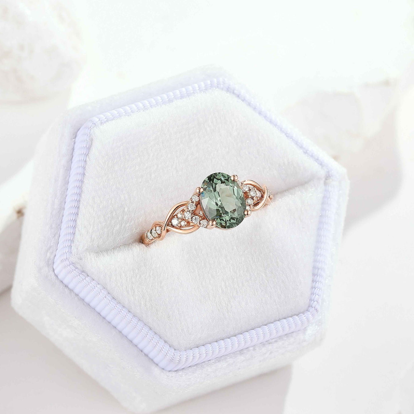 Nature Inspired Oval Cut Green Sapphire Engagement Ring