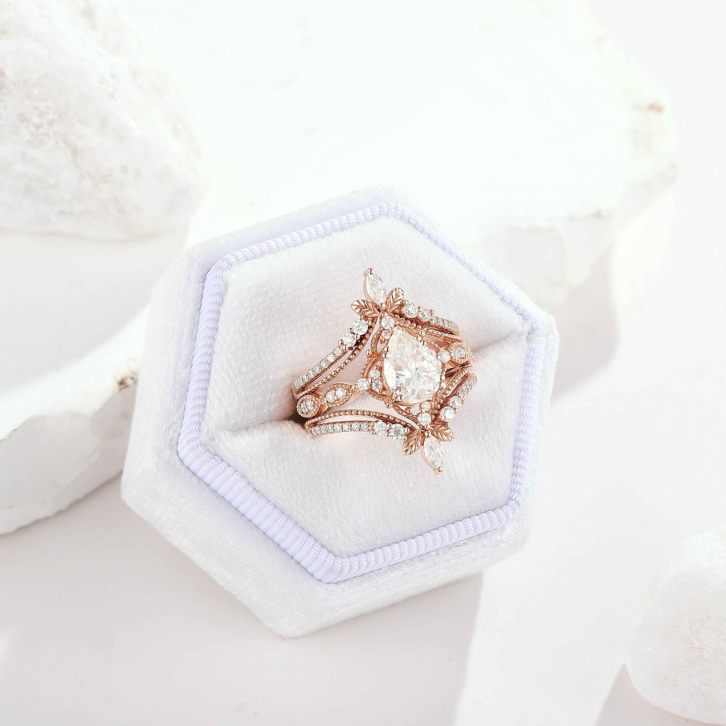 Nature Inspired Moissanite Engagement Ring Leaf Enhancer Wedding Band