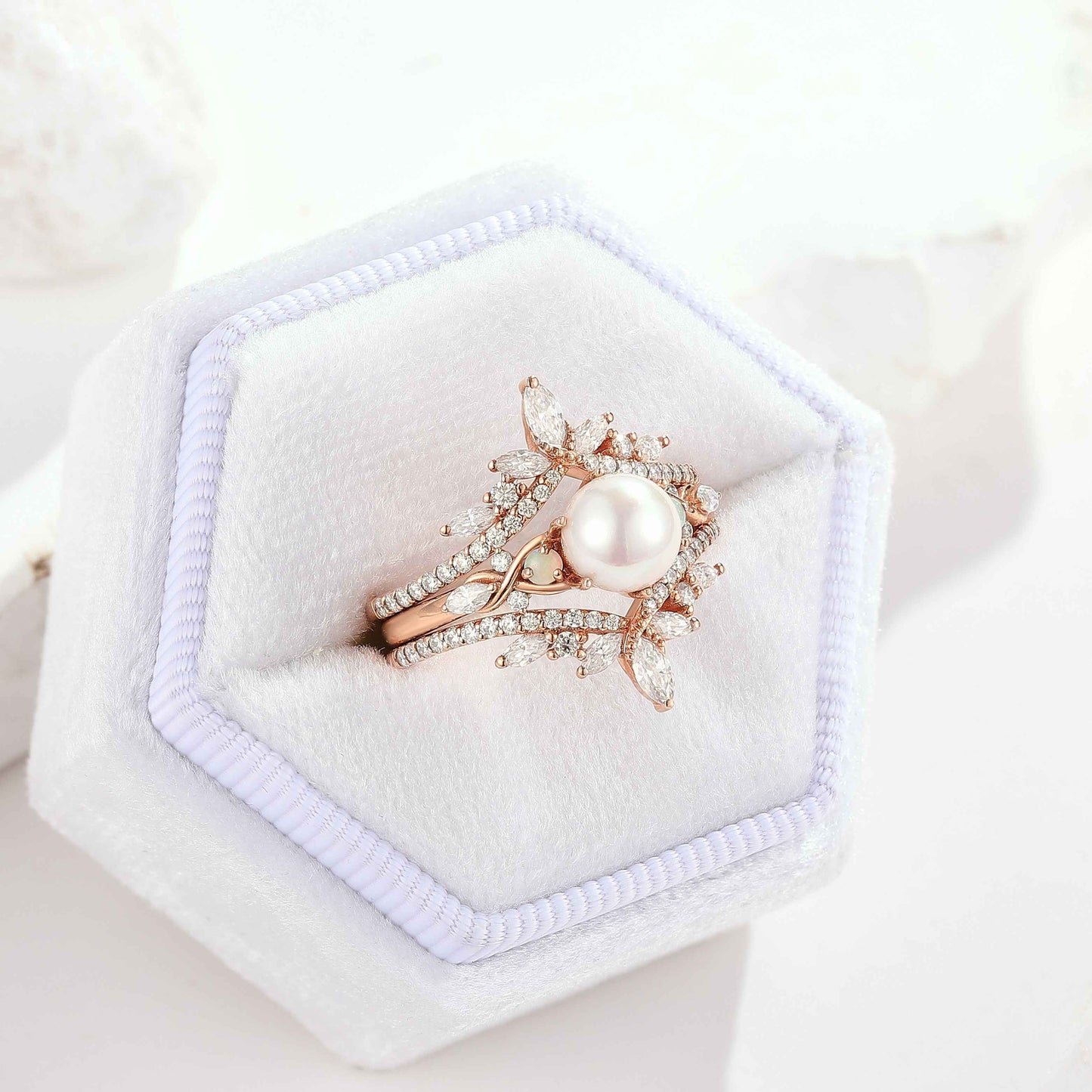Unique Pearl Bridal Set Moissanite Marquise Enhancer Wedding Band 2Pcs