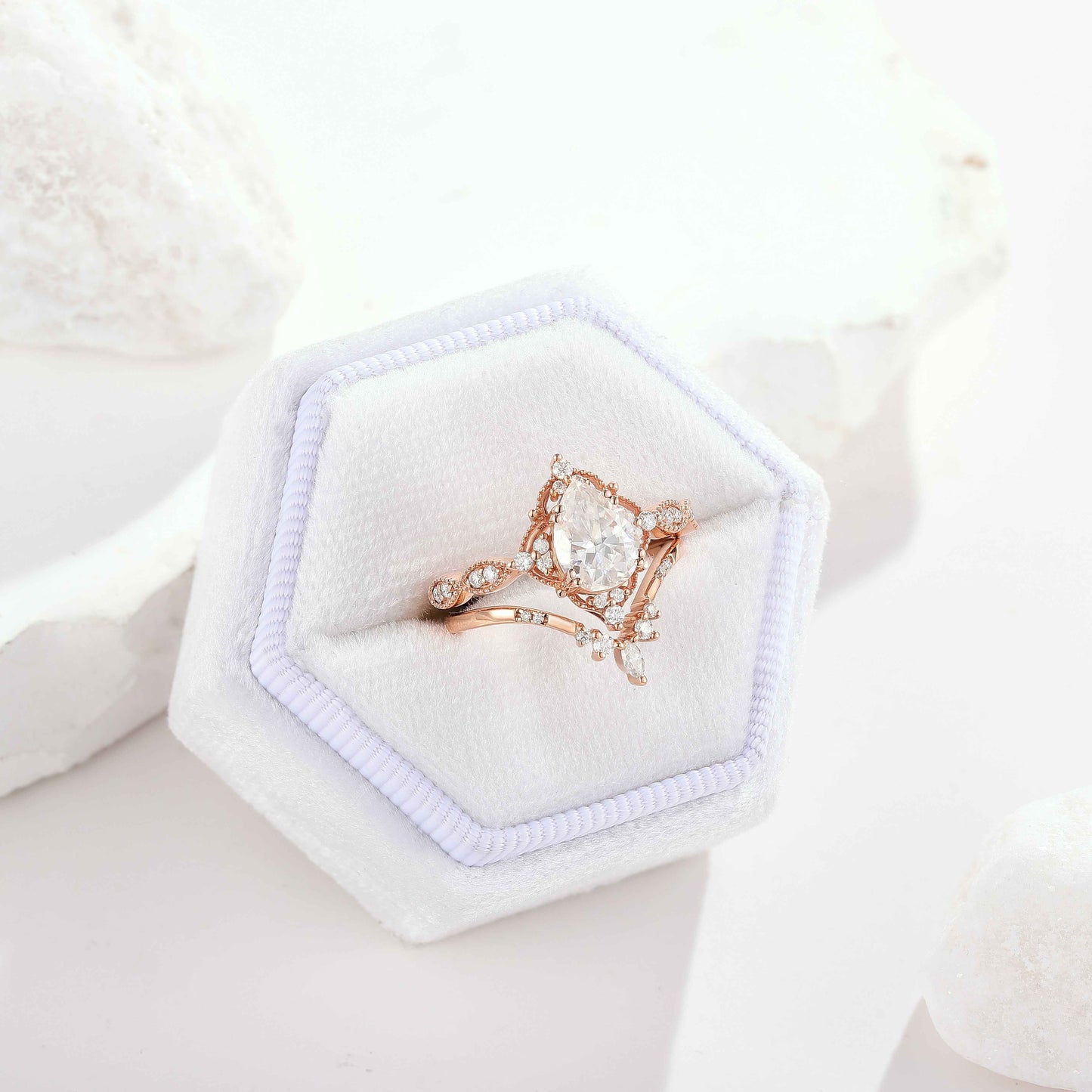 Vintage Pear Cut Moissanite Engagement Ring Set Chevron Stack Wedding Band