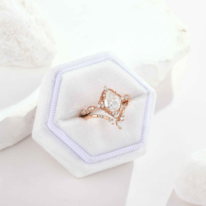 Vintage Pear Cut Moissanite Engagement Ring Set Chevron Stack Wedding Band