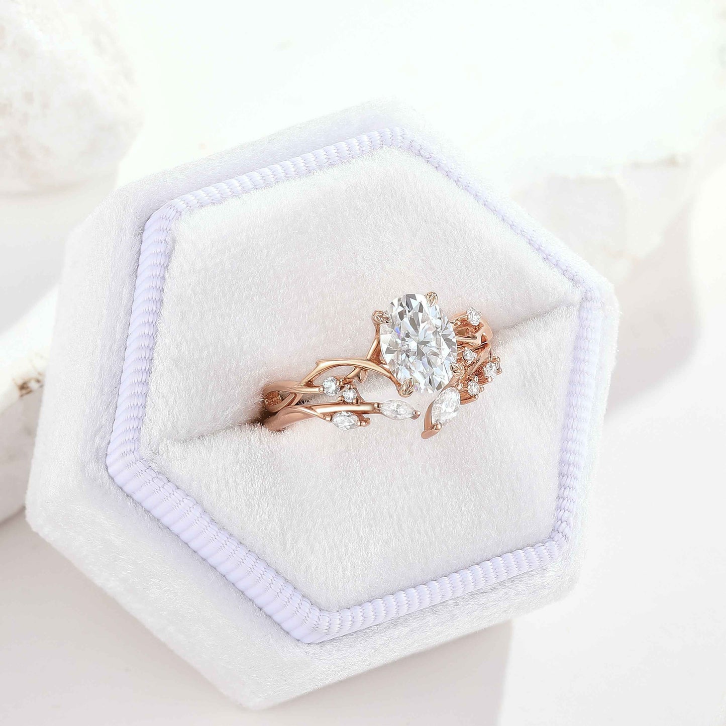 Oval Cut Moissanite Engagement Ring Set Vine Wedding Band 2pcs
