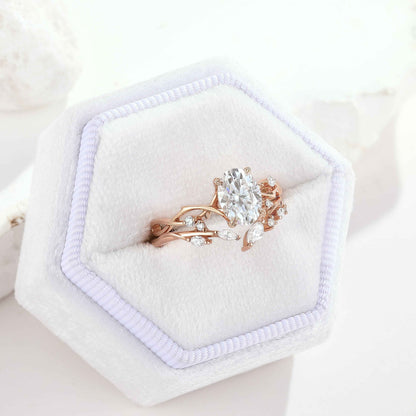 Oval Cut Moissanite Engagement Ring Set Vine Wedding Band 2pcs