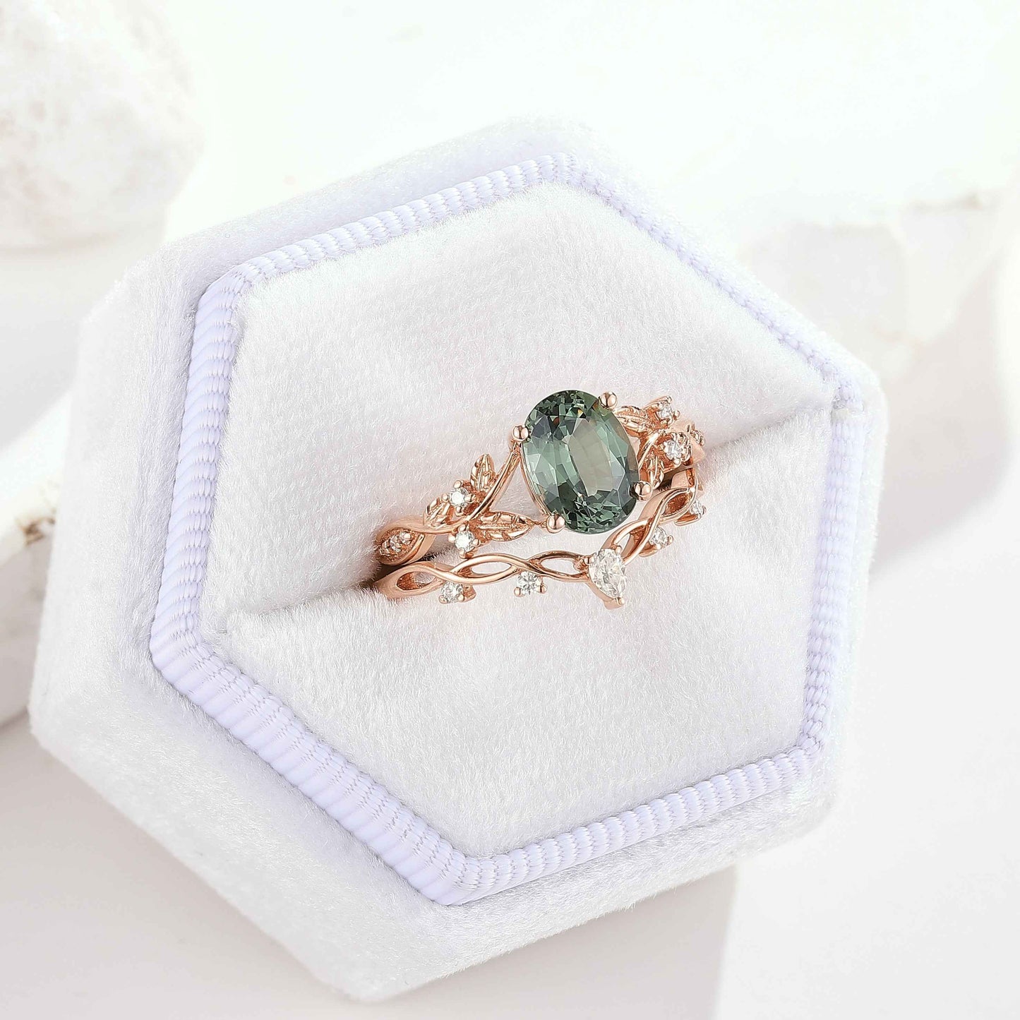 Nature Inspired Oval Cut Green Sapphire Engagement Ring Set 2pcs