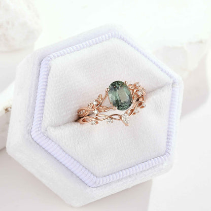 Nature Inspired Oval Cut Green Sapphire Engagement Ring Set 2pcs