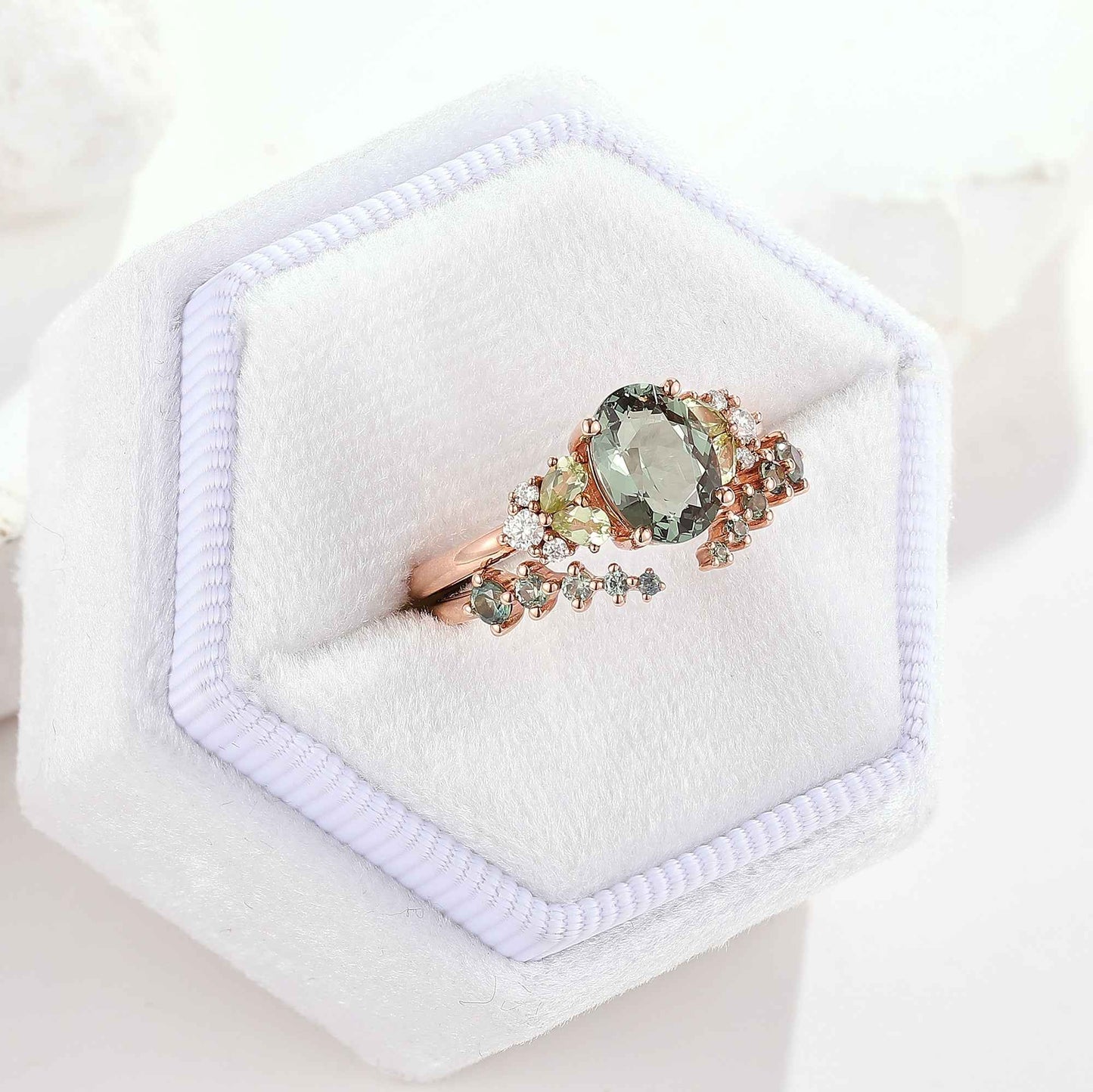 Vintage Oval Olive Green Sapphire Engagement Ring 2pcs