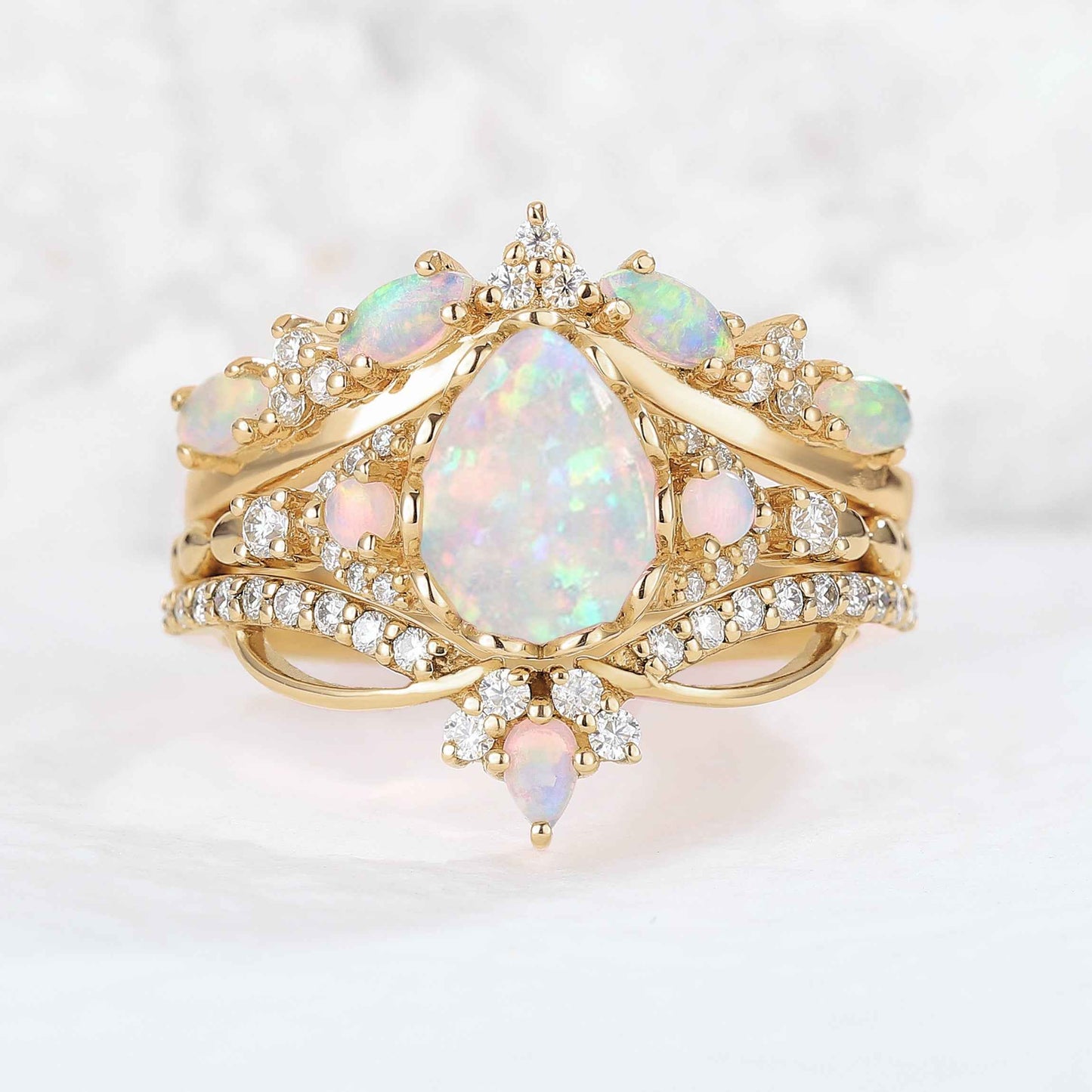 Nature Pear Cut Opal Vine Handmade Gemstone Ring Set 3pcs