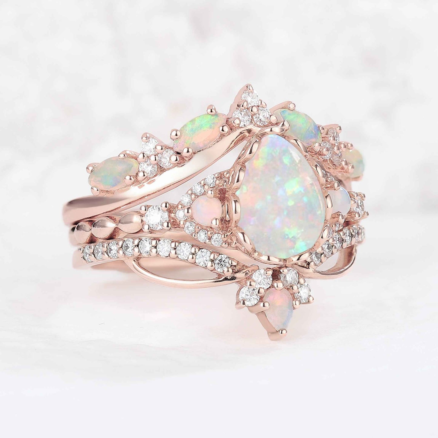 Nature Pear Cut Opal Vine Handmade Gemstone Ring Set 3pcs