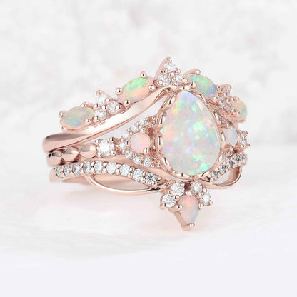 Nature Pear Cut Opal Vine Handmade Gemstone Ring Set 3pcs