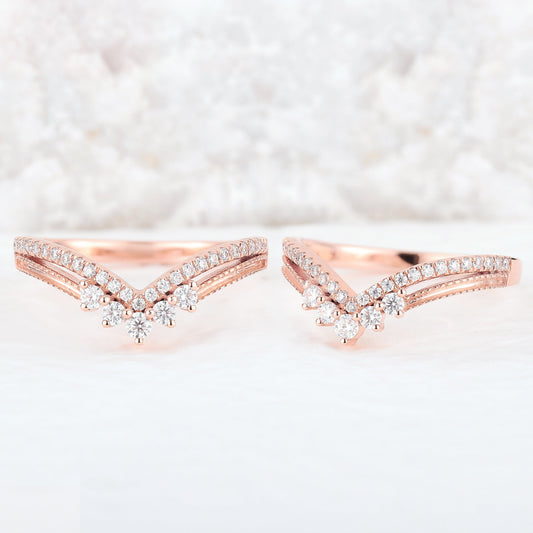 Chevron Round Cut Moissanite Silver Stacking Ring