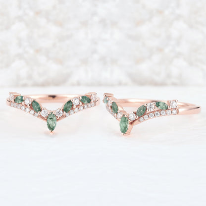Chevron Marquise Cut Moss Agate Stacking Ring Sterling Silver