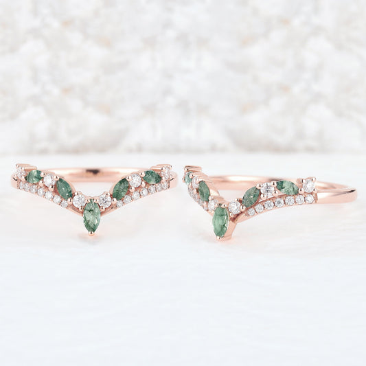 Chevron Marquise Cut Moss Agate Stacking Ring Sterling Silver