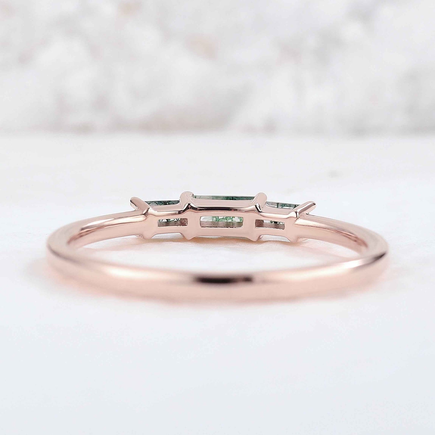Baguette Shaped Moss Agate Three Stone Silver Stacking Ring