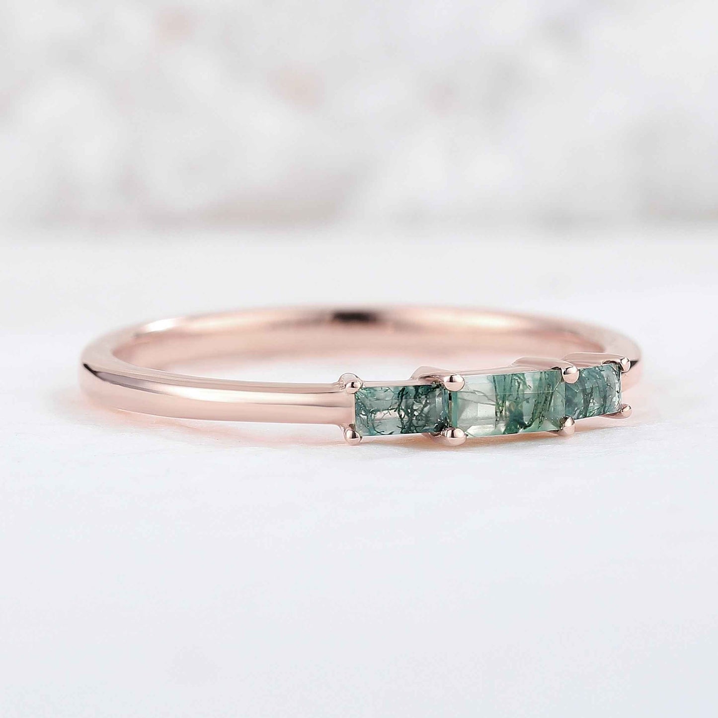 Baguette Shaped Moss Agate Three Stone Silver Stacking Ring