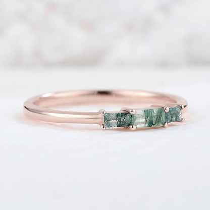 Baguette Shaped Moss Agate Three Stone Silver Stacking Ring