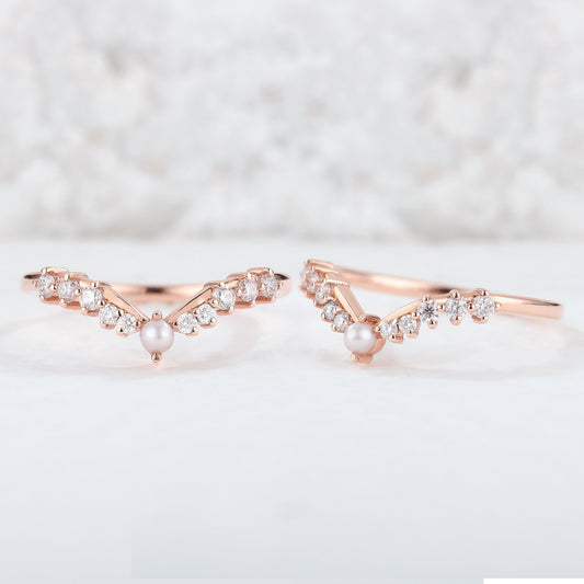 Chevron Round Pearl Moissanite Silver Stacking Ring