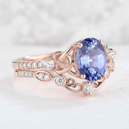 Nature Oval Shaped Cornflower Sapphire Vine Gemstone Ring Set 2pcs
