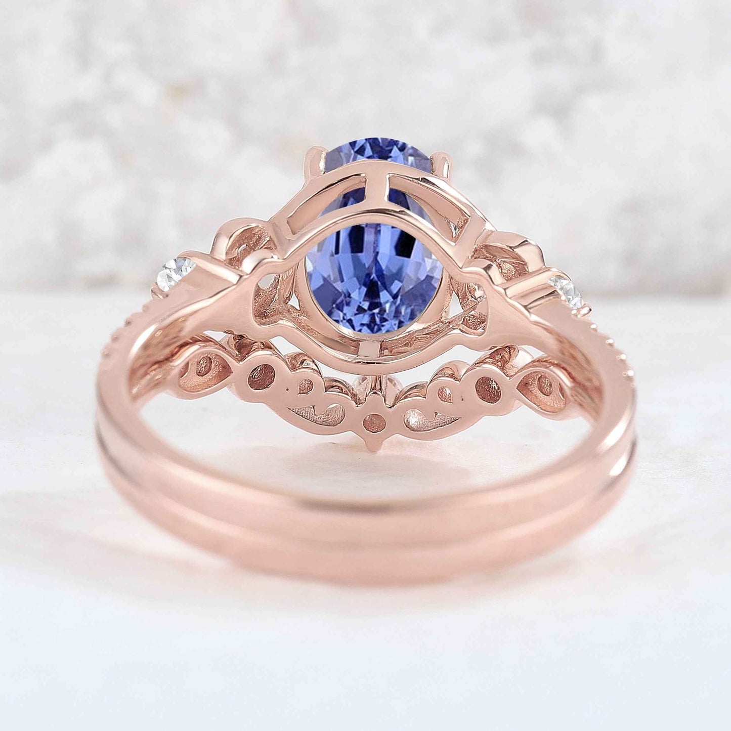 Nature Oval Shaped Cornflower Sapphire Vine Gemstone Ring Set 2pcs