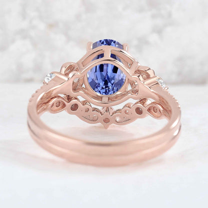 Nature Oval Shaped Cornflower Sapphire Vine Gemstone Ring Set 2pcs