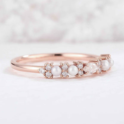 Minimalist Dainty Pearl Moissanite Half Eternity Stacking Ring