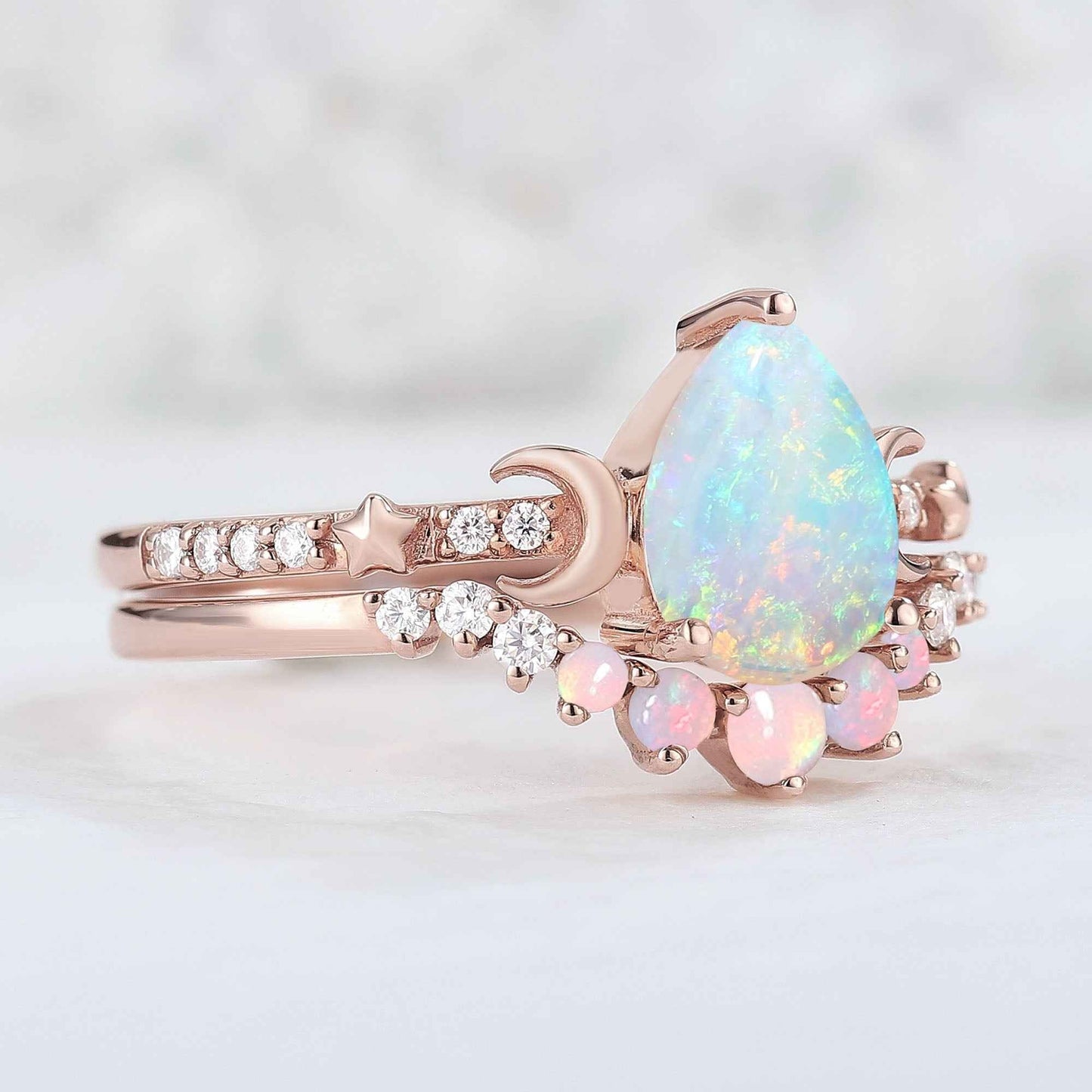 Unique Pear Cut Opal Moon and Star Gemstone Ring