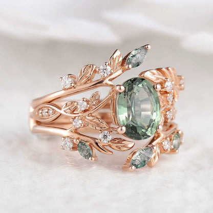 Green Sapphire Engagement Ring Moss Agate Enhancer Leaf Branch Double Wedding Band