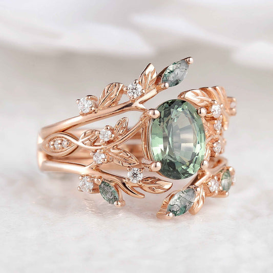 Green Sapphire Engagement Ring Moss Agate Enhancer Leaf Branch Double Wedding Band